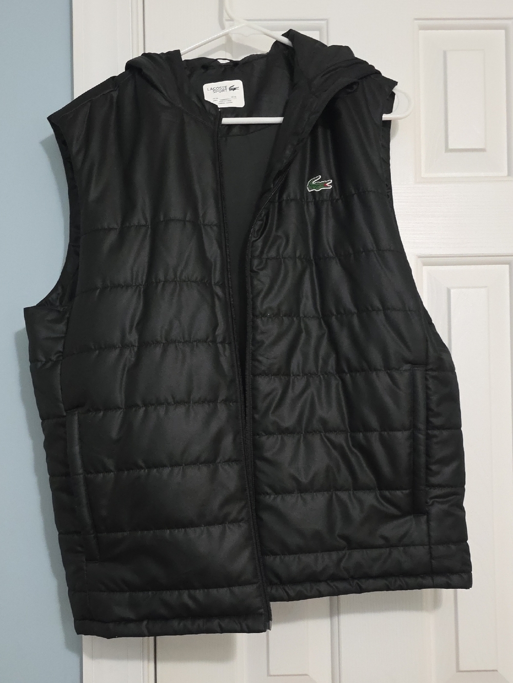 Lacoste Black Quilted Hooded Vest with Green Crocodile Logo